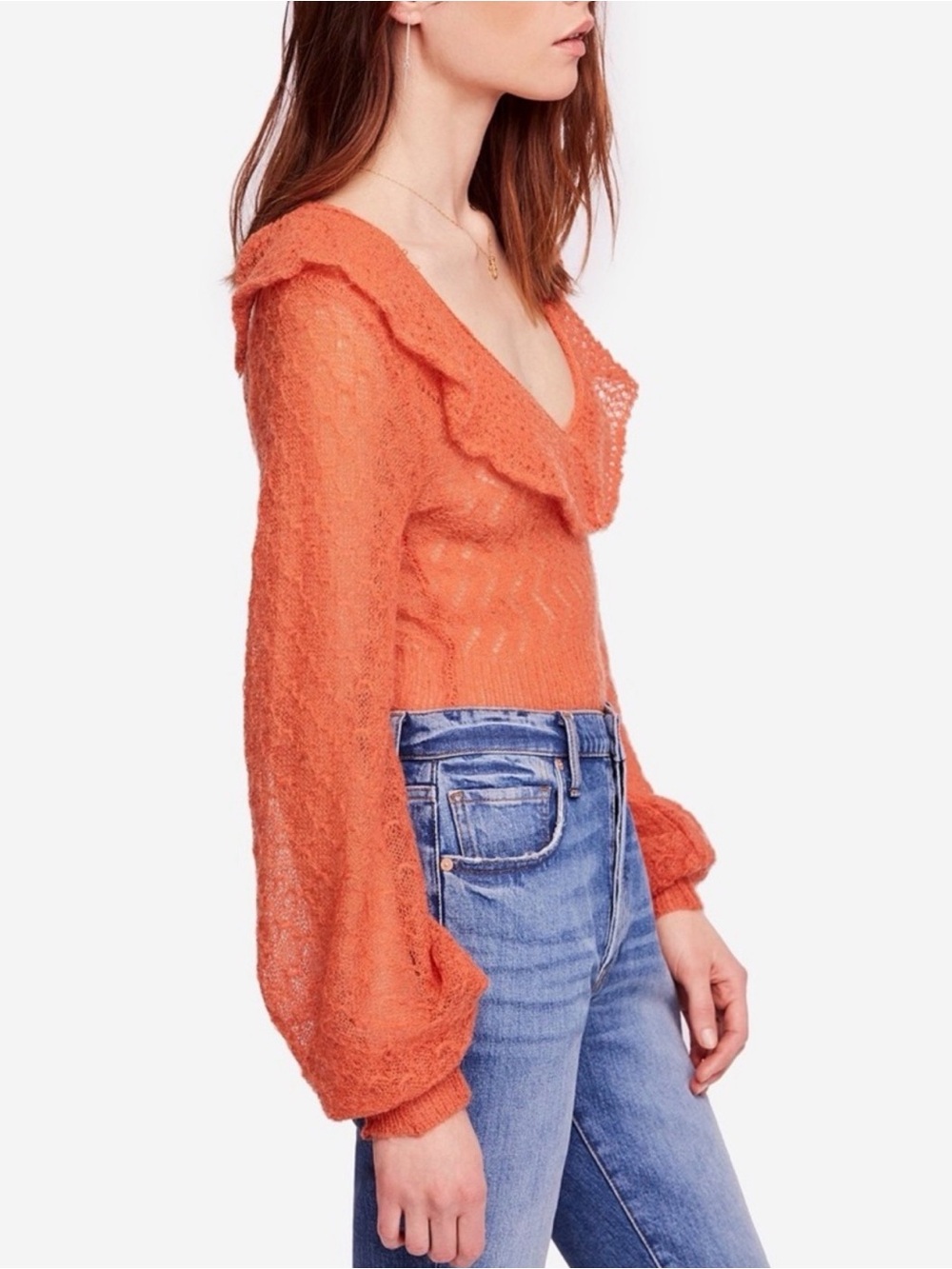 Free People Coral-Orange Ruffle V-Neck Sweater